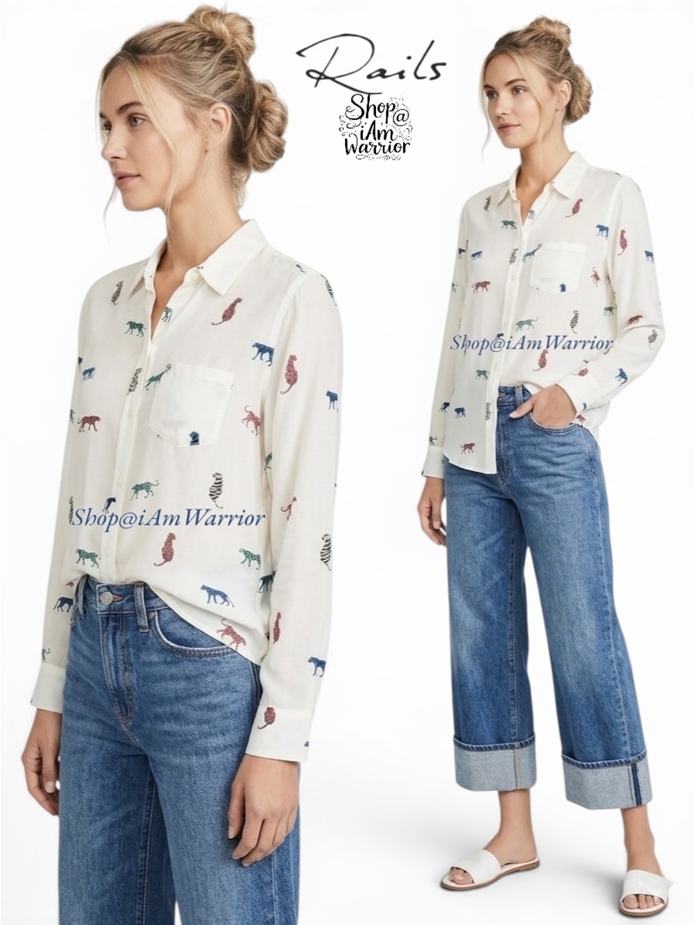 Rails colorful cat print long sleeve collared viscose top *shop@iamwarrior